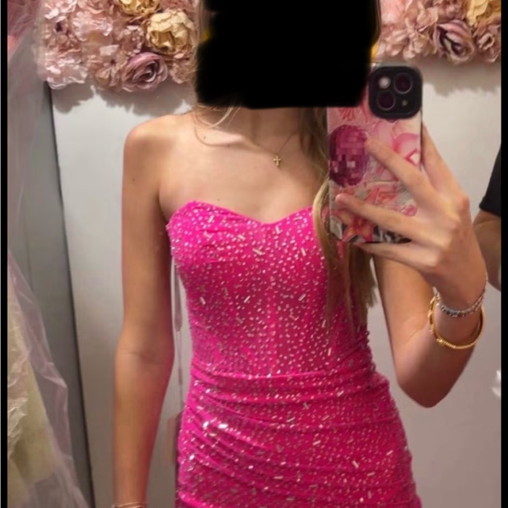 Hot Pink Strapless Beaded Bodycon Dress/ Homecoming Dress